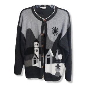 Fira Alpaca Peruvian Landscape Cardigan Sweater Size M